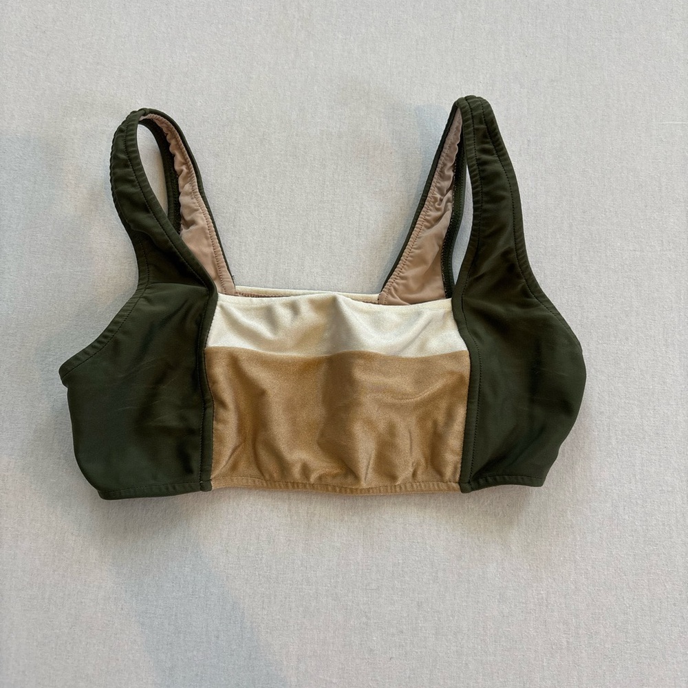 Olive Green & Tan Squareneck Bikini Top Small